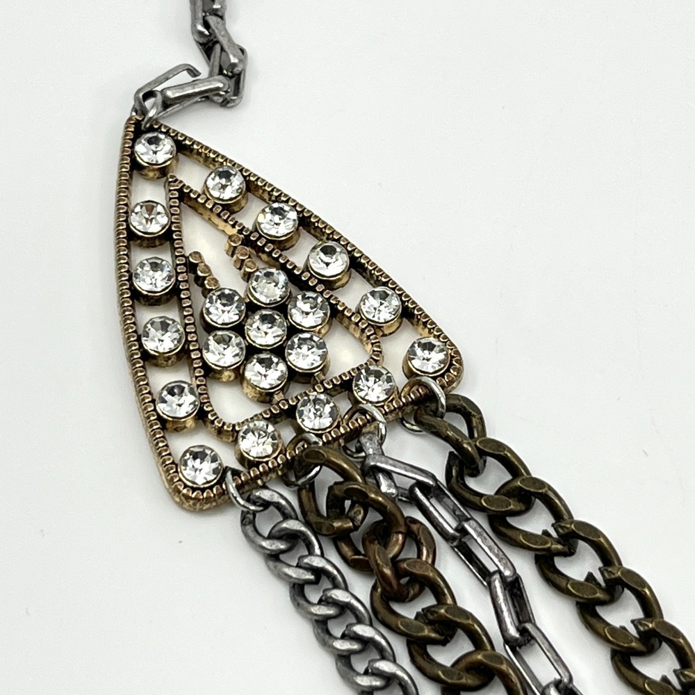 VTG Plunder Mixed Metal Tiered Drape Necklace Bronze & Silver Tone Rhinestone - Picture 5 of 15